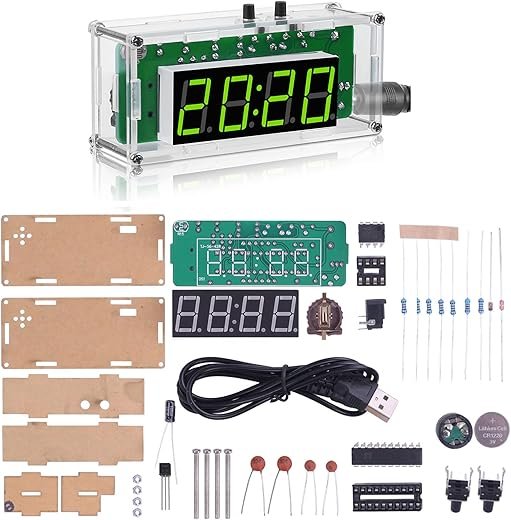 MiOYOOW 4-Digit DIY Digital Clock Kit with Acrylic Shell, Electronics Alarm Clock Soldering Practice Kit with Adjustable Brightness, DIY Soldering Project Kit for School Learning and Home Office Use