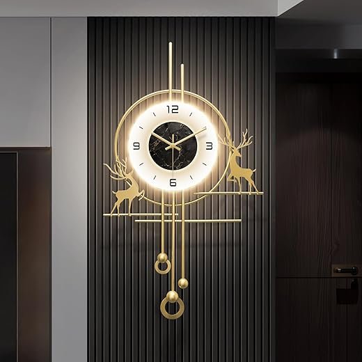 Modern Deer Wall Clock for Living Room,Large Gold Decorative Wall Clock with Light,Creative Silent Clock Battery Operated for Kitchen/Entryway/Bedroom/Office/Dinning Room Metal Wall Decor