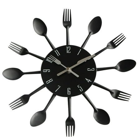 Modern Design Sliver Cutlery Kitchen Utensil Wall Clock Spoon Fork Clock Black