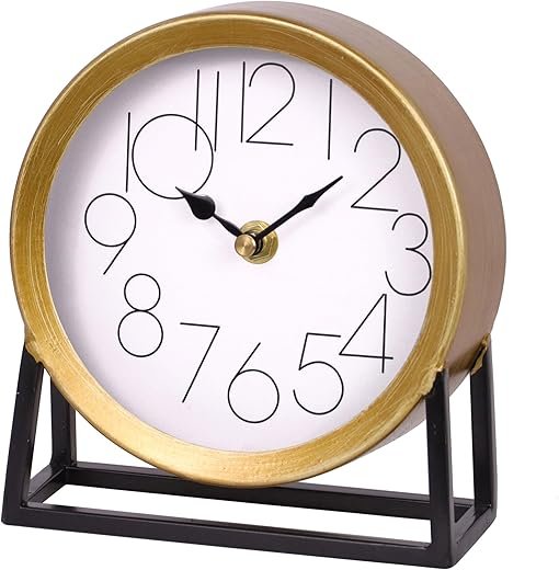 Modern Golden Table Clock on Stand, Decorative Desk and Shelf Clock, Mantel Clock Farmhouse Clock Non-Ticking, Home Décor for Living Room, Bedroom, Bedside, Desk, Gift Clock (Gold)