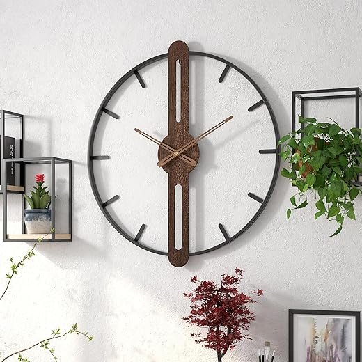 Modern Walnut Dial Wall Clock, Wood Large Wall Clock Decor Metal Frame Silent Non Ticking for Living Room, Bedroom, Kitchen, Study Decoration, Handmade Home Gift Idea, 28 in (70 cm)