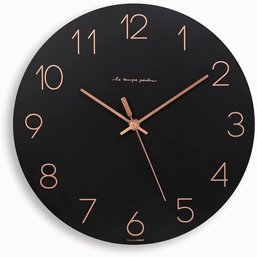 mooas Flatwood Black Wall Clock,12 Wood Wall Clock Non-Ticking Sweep Movement Decorative Wall Clock Battery Operated Wall Clock for Home Living Room Kitchen Bedroom Office School (Black)