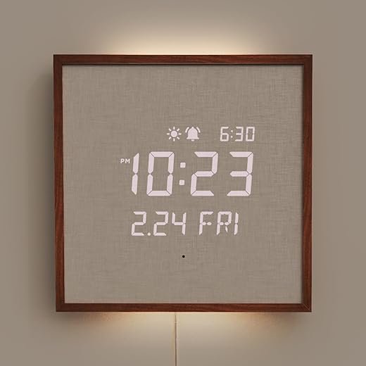 mooas Wooden Frame LED Silent Wall Clock with Remote, Backlit Nightlight, Modern Digital LED Wall Clock Display Sunrise Alarm Melody 5 Brightness for Bedroom Living Room Office Decor- Dark Wood