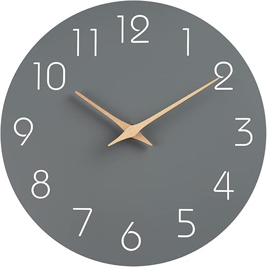 Mosewa Silent Non-Ticking Wall Clock Decorative for Kitchen, Bedroom, Bathroom, Office, Living Room, Battery Operated - 10 Inch Wood Modern Simple (Gray)