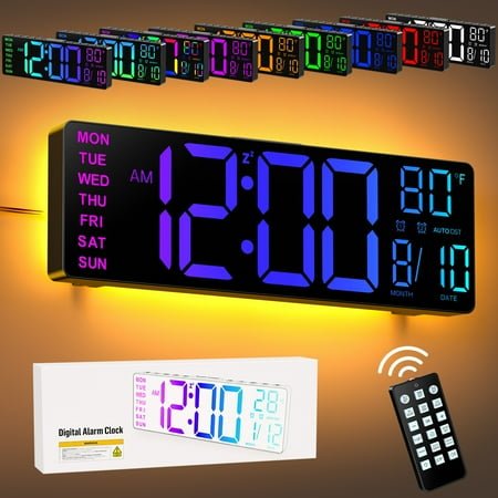 Mpow 10.5 Digital Wall Clock Large Display, with Remote Control, Dual Alarm Clock for Bedroom, 9 Colors, Adjustable Brightness & Volume, Auto DST, ℃/℉, 40 Minutes Countdown