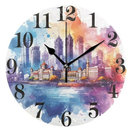 Mumbai City Skyline Wall Clock 9.8 inch Battery Operated Clocks Non-Ticking Silent for Bedroom Office Kitchen Living Room