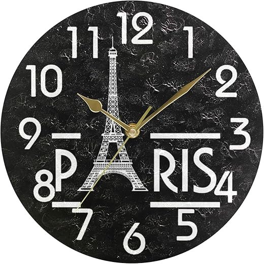 Naanle Chic Eiffel Tower Paris Round Wall Clock, 9.5 Inch Battery Operated Quartz Analog Quiet Desk Clock for Home,Kitchen,Office,School