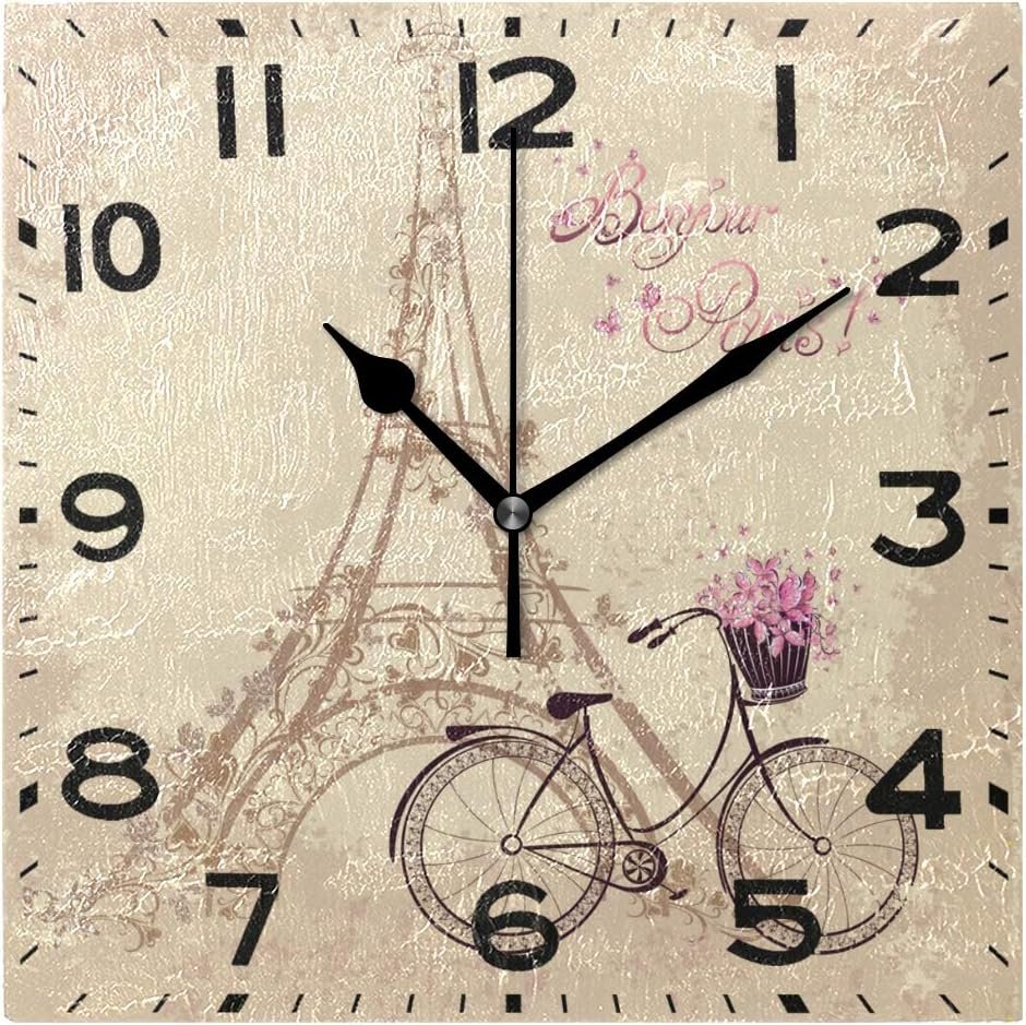 Naanle Chic Romantic Eiffel Tower and Bicycle Bonjour Paris Square Wall Clock Decorative, 8 Inch Battery Operated Quartz Analog Quiet Desk Clock for Home,Office,School