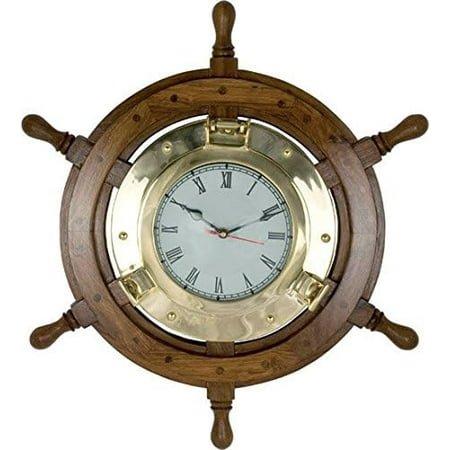 Nagina International 45 cm Nautical Brass Porthole Clock Ship Wheel | Captain's Maritime Beach Home Decor