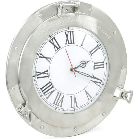 Nagina International Brushed Nickel Aluminum Metal Roman Porthole Clock | Nautical Navy Decor Gifts (12 Inches)