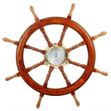 Nagina International Premium Porthole Clock Ship Wheel with Solid Teak Finish - Captain Maritime Beach Home Decor Gift (36 Inches)