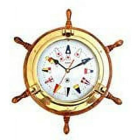 Nagina International Quartz Clock in Brass Porthole Design on Oak Ship Wheel Base