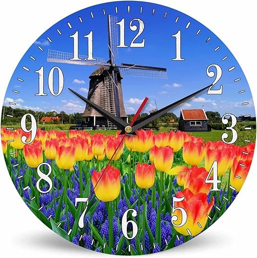 Netherlands Vibrant Tulip Wall Clock Colorful Flowers with Classic Dutch Windmill 10 Inch Silent Non Ticking Battery Operated Clock Vintage Round Clock for Living Room Bedroom Bathroom Decor