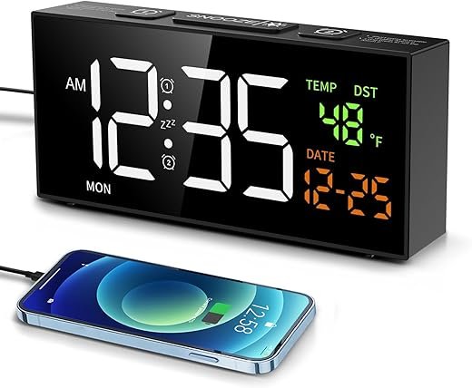 Netzu Alarm Clocks for Bedrooms, Digital Alarm Clock with Date Temperature and Weekday, Manual DST, Snooze, 2 Alarms, 4 Volumes Bedside Desk Clock for Living Room Home (Black)