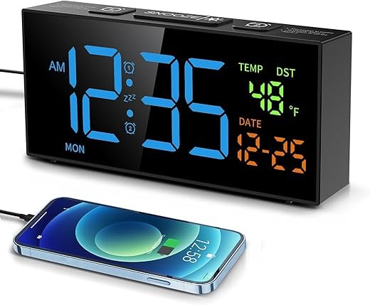 Netzu Alarm Clocks for Bedrooms, Digital Clock with Date Temperature and Weekday, Manual DST, Snooze, 2 Alarms, 4 Volumes for Living Room Home Bedside Desk (Black and Blue)