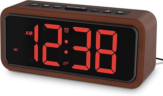 Netzu Wooden Alarm Clock, Loud Digital Clock with 5 Volumes, 12 Ringtones, Manual DST, Snooze Plug-in Alarm Clock for Heavy Sleepers Bedroom Bedside Living Room Office Wood Decor (Red)