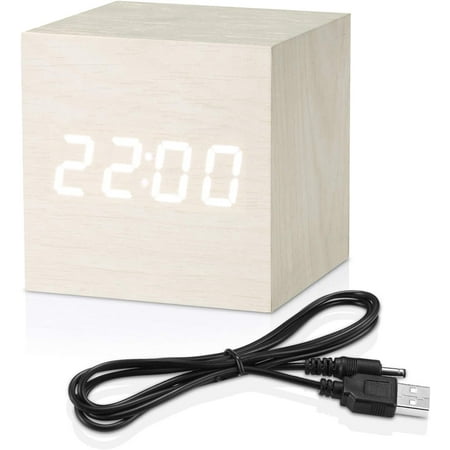 NeveLance Digital Alarm Clock White, Micar Wood LED Light Mini Modern Cube Desk Alarm Clock Displays Time Date Temperature for Kids, Bedroom, Home, Dormitory, Travel White