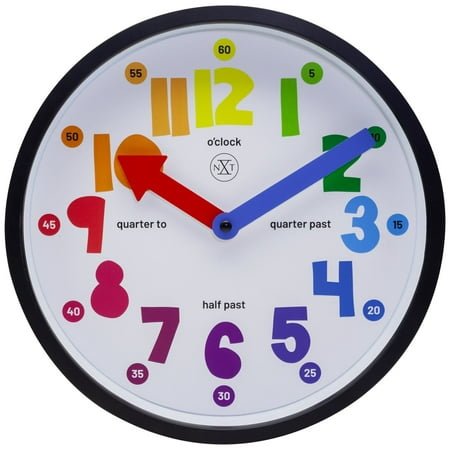 NeXt Sophia 10 Round Wall Clock | Black Plastic Case | White Dial with Clear and Colorful Index Numbers | Silent Movement | Perfect for Learning to Tell Time