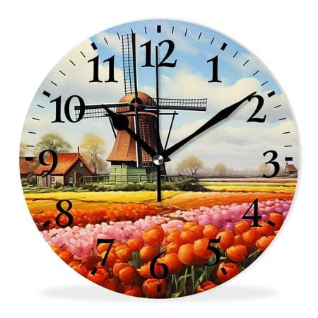 Non-Ticking Sweep Movement Wall Clock Battery Operated Analog Wall Clocks Decorative for Bedroom-A Traditional Dutch Windmill with Colorful Tulips in a Field(16inch)