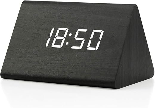 OCT17 Wooden Wood Clock, New Version LED Alarm Digital Desk Clock Adjustable Brightness, Alarm Time, Displays Time Date Temperature - Black