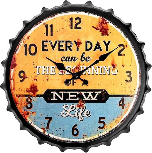 Okllen Bottle Cap Design Retro Wall Clock, 12 inch Metal Vintage Wall Clock Silent Non-Ticking Battery Operated Creative Decor for Beer Bar, Cafes, Farmhouse, Office, Kitchen