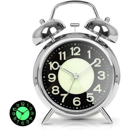 Onekawa 4”Metal Double Bell Alarm Clock for Deep Sleepers, Luminous Dial, Silent Non-Tick Alarm Clock, Battery Powered (Batteries Not Included), For Office, Bedroom Bedside, Room Decoration - Silver