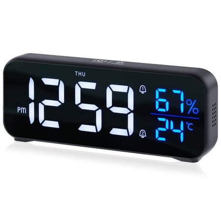 Onekawa Small Digital Alarm Clock for Bedroom, Bright Display with Adjustable Brightness, Plug-in Electric Bedside Clock with Dual Loud Alarms, Temperature and Humidity, 12/24 Hour & Snooze Function