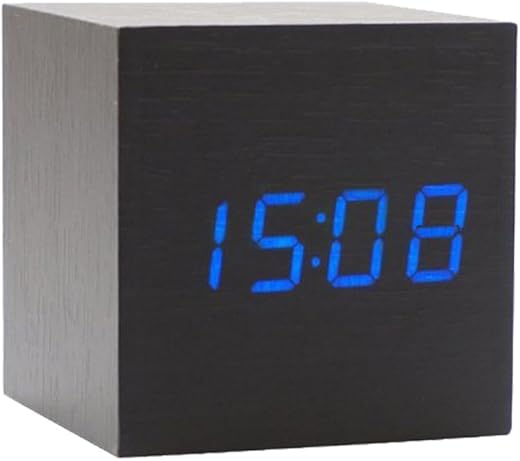 Onerbuy Wooden Digital Cube Alarm Clock Touch Sound Activated Desk Clock Portable Travel Clock with LCD Display for Time, Temperature, Calendar, 3 Alarm Settings (Black)