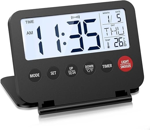 ORIA Digital Travel Alarm Clock, Small Foldable Alarm Clock, Battery Operated LCD Desk Clock, Simple Operation Calendar Clock with Backlight, Date, Temp, Snooze, for Travel Business Trip Home