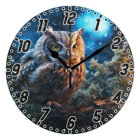 Owl on Branch in Night Wall Clock 9.8 inch Battery Operated Clocks Non-Ticking Silent for Bedroom Office Kitchen Living Room