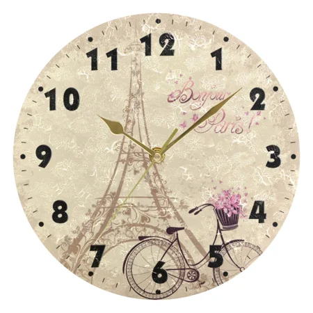 Paris Eiffel Tower Round Wall Clocks French Style Silent Wall Hanging Watch 25cm Wooden Clock for Living Room（14 Inch）