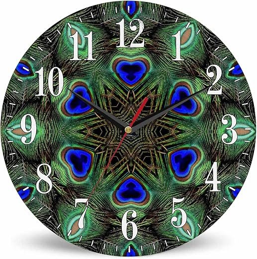 Peacock Feather Wall Clock Kaleidoscope Art Floral Mandala Circle Mirroring 10 Inch Silent Non Ticking Battery Operated Clock Vintage Round Clock for Living Room Bedroom Bathroom Office Decor