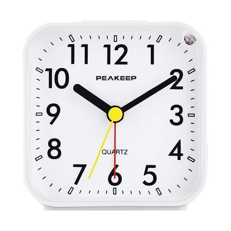 Peakeep Small Battery Operated Analog Travel Alarm Clock Silent No Ticking, Lighted on Demand and Snooze, Beep Sounds, Gentle Wake, Ascending Alarm, Easy Set (White) White