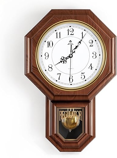 Pendulum Wall Clock Battery Operated, Imitation Wood Plastic Regulator Clock with Pendulum,Vintage Decorative Wall Clocks for Living Room,Farmhouse,Office,Bedroom,Kitchen,Wall Decor