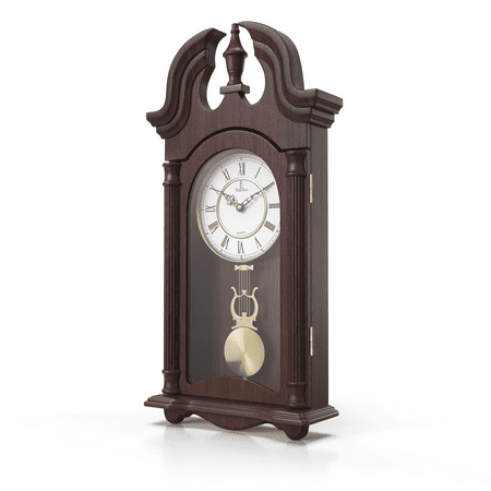 Pendulum Wall Clock, Silent Decorative Wood Pendulum Clock with Swinging Pendulum, Battery Operated, Dark Wooden Design, for Living Room, Dining Room, Kitchen, Office & Home Décor, 23.5x9.25 Inch