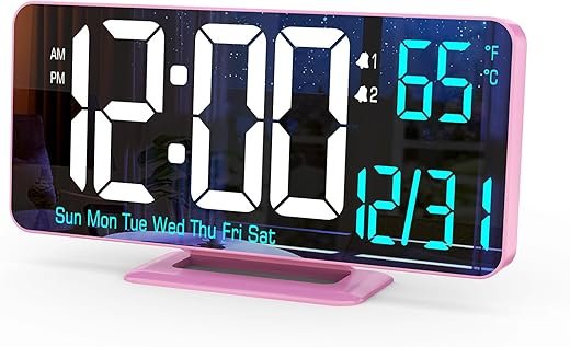 Pink Digital Clock for Bedroom 6.7in Dual Alarm Clock with Dimming, 12/24h, Seconds, Date, Day of Week, Temp, Desk Clock, LED Clock for Table Decor, Digital Calendar Table Clocks for Bedrooms KOSUMOSU