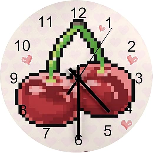 Pixel Cherry Wooden Wall Clock, Easy to Read Round Home Decorative Wall Clock Silent Non-Ticking Wall Clock Operated for Living Room Bedroom Kitchen