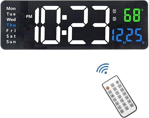 Plumeet Digital Wall Clock, 16’’ Large LED Wall Clock with Remote Control, Big Digits, Auto-Dimming, 2 Alarm, Silent Wall Clock Show Date Week Temp (Include Adapter)