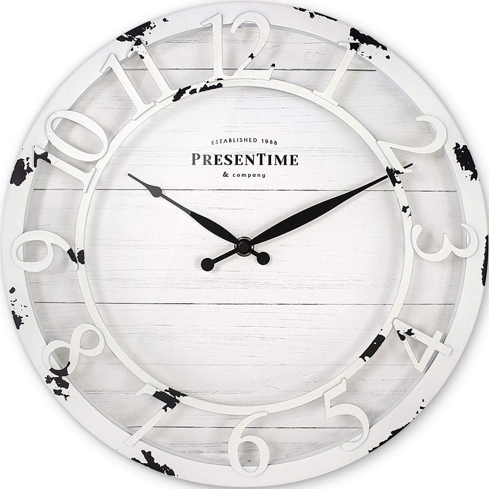 Presentime & Co 13 Farmhouse Series Wall Clock, Quartz Movement, Shiplap Style, Raised 3D Arabic Numeral, Antique Distressed White