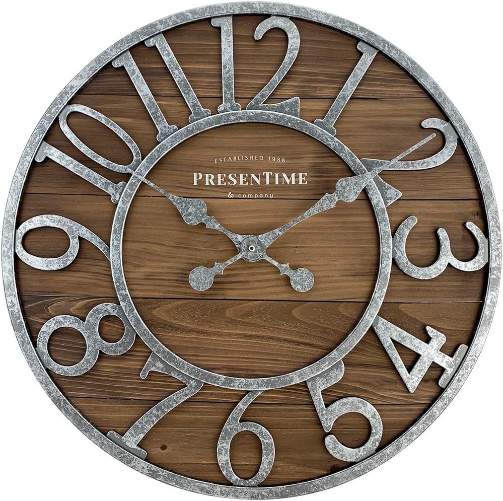 Presentime & Co Vintage Farmhouse Series, Galvanized Rustic Barnwood Clock, 19.5 inch, Galvanized Finish Arabic Numerals with Weathered Natural Barnwood, Farmhouse Décor/Wall Décor