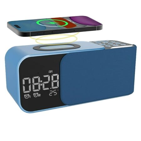 Prociv Alarm Clock Radio with Wireless Charging & Bluetooth Speaker,Dimmable LED Display with Fast Charging Port,12 Soothing Sounds,8 Sounds Dual Alarm,Alarm Clock for Bedroom,Home