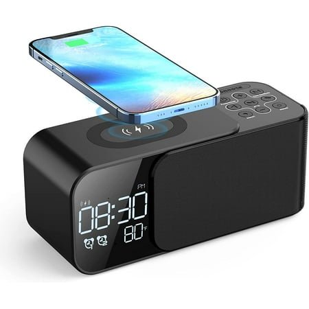 Prociv Alarm Clock Radio with Wireless Charging & Bluetooth Speaker,Dimmable LED Display with Fast Charging Port,12 Soothing Sounds,8 Sounds Dual Alarm,Alarm Clock for Bedroom,Home