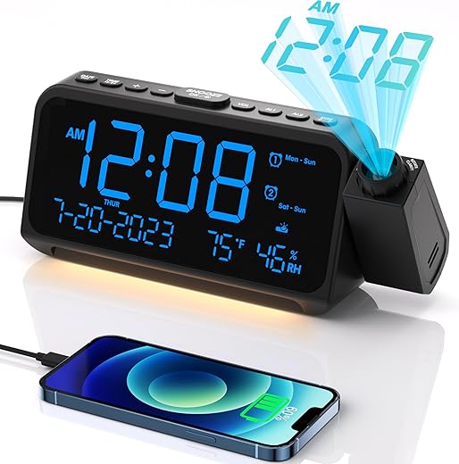 Projection Alarm Clock for Bedroom, Alarm Clock with 350° Rotatable Projector, 5 Brightness, Dual Alarm with Weekday/Weekend Mode, Temp & Humidity, Snooze, Bedside Alarm Clock for Heavy Sleepers(Blue)