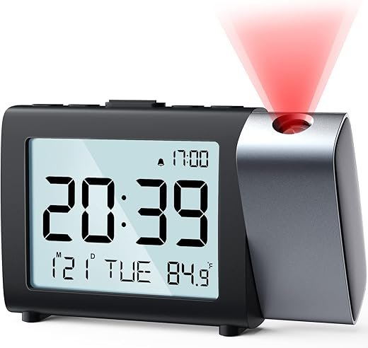 Projection Alarm Clock for Bedroom: Digital LCD Clock with Temperature Date Snooze 12/24H and Weekend Mode, Easy Set Dimmer Clock with 2-Levels Volume, Mains and Battery Operated