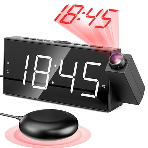 Projection Digital Alarm Clock with Bed Shaker for Bedroom, Extra Loud Alarm Clock for Heavy Sleeper, 180° Rotable Ceiling Projector Clock,2 Alarm,5 Dimmer Volume,USB Charger, Battery Backup,12/24H…