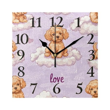 Puppies on Clouds Love Sign Square Wall Clock Battery Operated Easily Read Black Pointer Home Decor for Living Room Bedroom 7.78 x 7.78