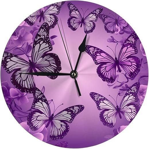 Purple Butterfly Wall Clock 10 Inch Non-Ticking Battery Operated Wall Clocks Modern Round Clocks Decorative for Home Kitchen Living Room Office