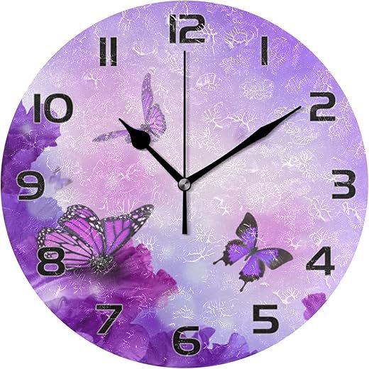 Purple Butterfly Wall Clock Silent Non Ticking Battery Operated Round Clock for Bathroom Living Room Bedroom Office School Home Decoration 10 Inch