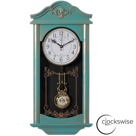 Quickway Imports - Vintage Grandfather Wood- Looking Plastic Pendulum Wall Clock for Living Room, Kitchen, or Dining Room