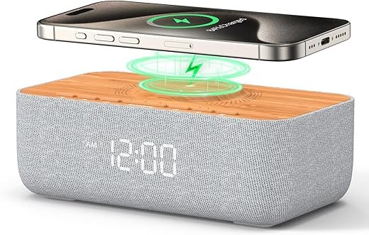 Reacher Sound Machine Alarm Clock with Magnetic Wireless Charging for iPhone, 15W Fast Wireless Charger Alarm Clocks White Noise Machine for Sleeping, Dimmable Alarm Clocks for Bedrooms-Wood Grain